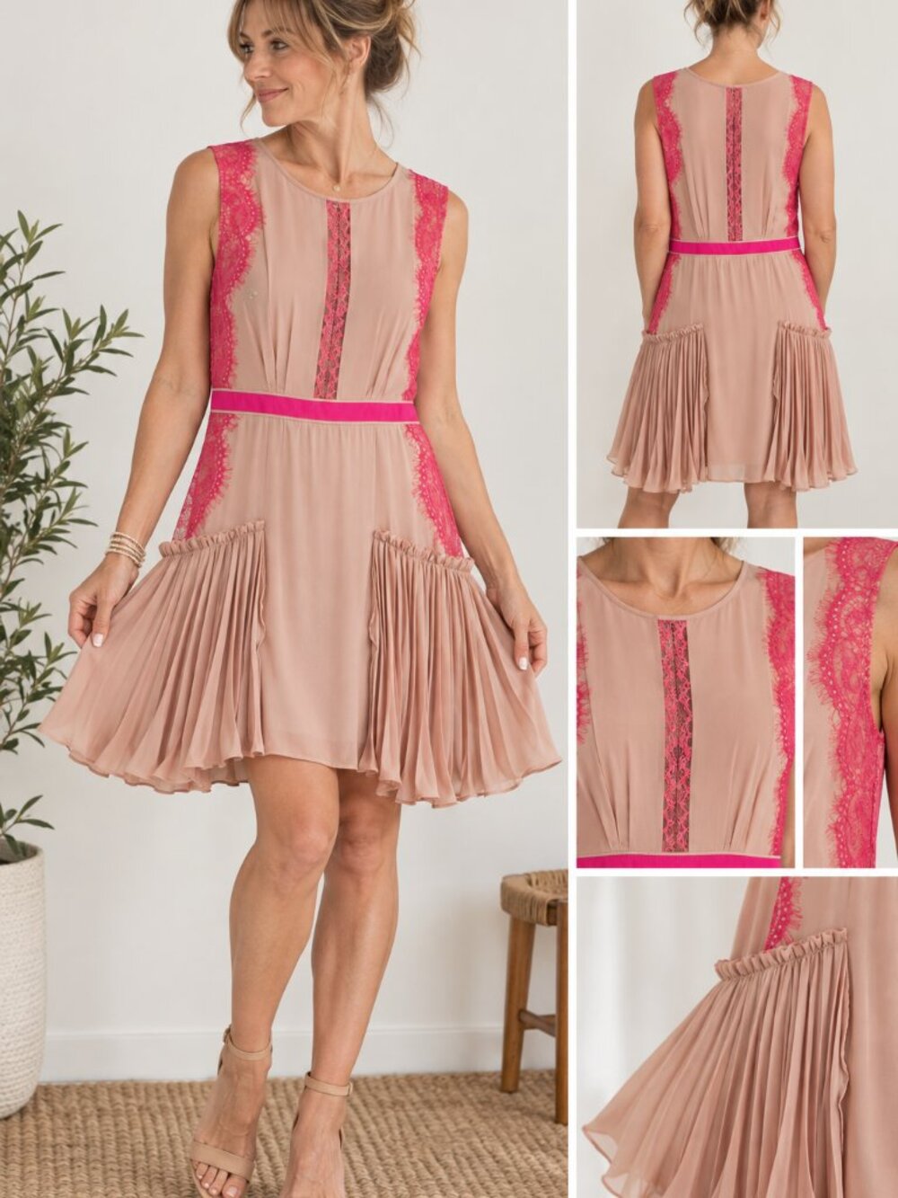 NWT Three Floor Carmen Hot Pink Lace Dress S Blush Pleated Mini Cocktail $298